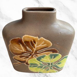 Large Ceramic Tan Vase w/ Brown & Green Leaves Seasonal Table Decor Vietnam